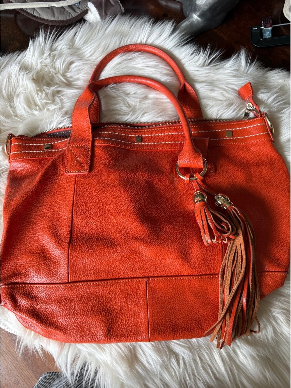 Cuore & Pelle Amelia Large Orange Leather Tote Bag with Tassel Details
